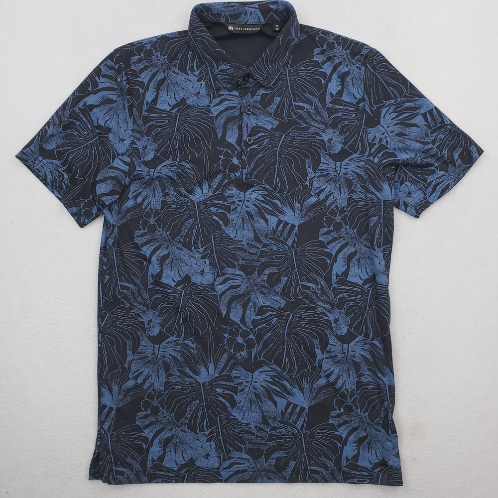 Travis Mathew Shirt Mens Medium Blue Tropical Hawaiian Floral Golf Performance